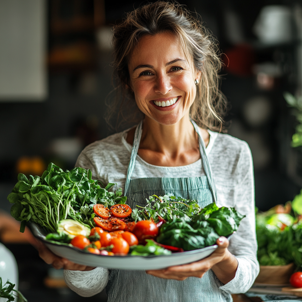 Щаслива жінка тримає тарілку зі здоровою їжею та посміхається