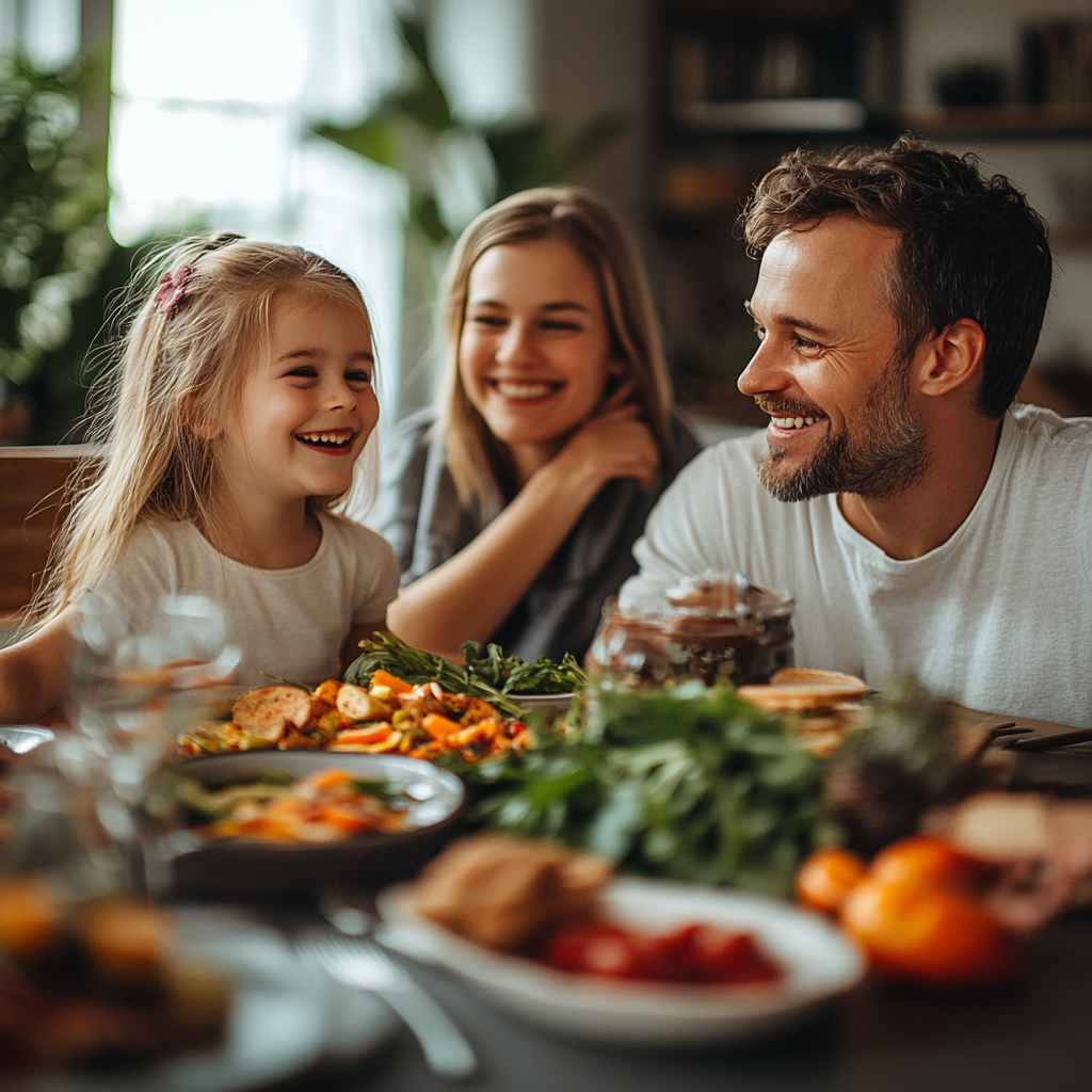 Щаслива родина за столом з здоровою їжею